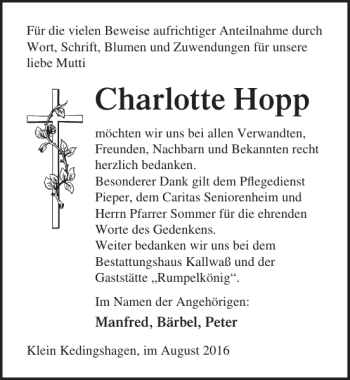 Traueranzeige von Charlotte Hopp von Ostsee-Zeitung