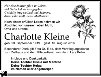 Traueranzeige von Charlotte Kleine von Leipziger Volkszeitung