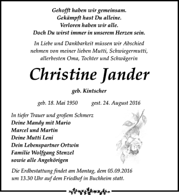 Traueranzeige von Christine Jander von Leipziger Volkszeitung
