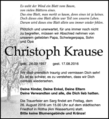 Traueranzeige von Christoph Krause von Leipziger Volkszeitung