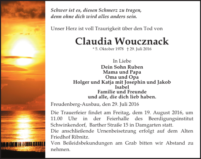 Traueranzeige für Claudia Woucznack vom 13.08.2016 aus Ostsee-Zeitung