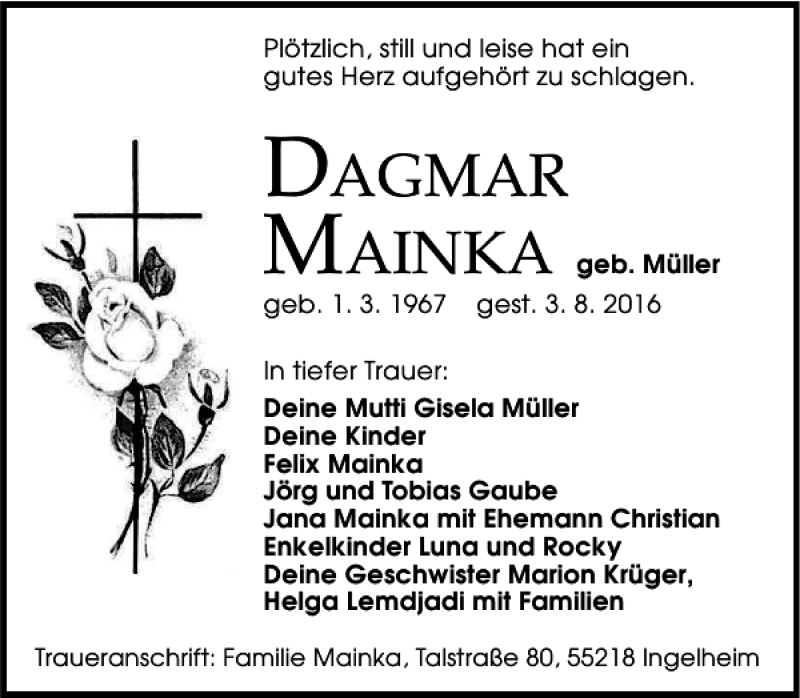  Traueranzeige für Dagmar Mainka vom 27.08.2016 aus Torgauer Zeitung