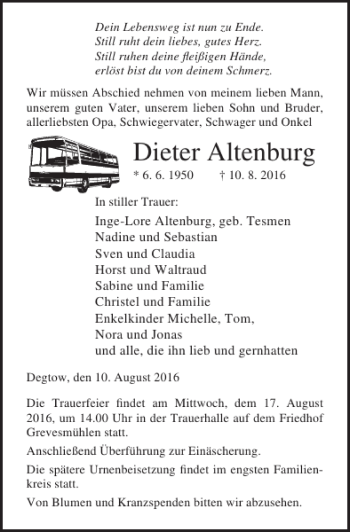 Traueranzeige von Dieter Altenburg von Ostsee-Zeitung