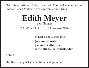 Traueranzeige von Edith Meyer von Lübecker Nachrichten
