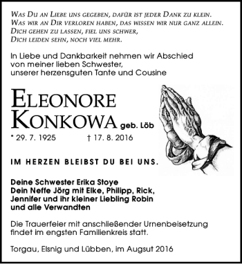 Traueranzeige von ElEonorE KonKowa von Torgauer Zeitung