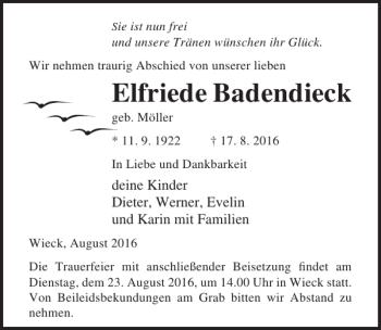 Traueranzeige von Elfriede Badendieck von Ostsee-Zeitung