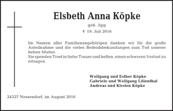 Traueranzeige von Elsbeth Anna Köpke von Kieler Nachrichten / Segeberger Zeitung