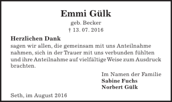 Traueranzeige von Emmi Gülk von Kieler Nachrichten / Segeberger Zeitung
