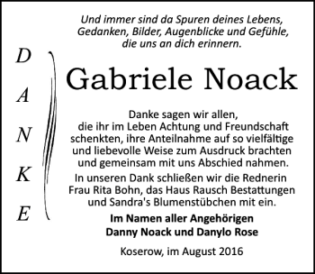 Traueranzeige von Gabriele Noack von Ostsee-Zeitung