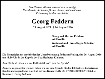 Traueranzeige von Georg Feddern von Kieler Nachrichten / Segeberger Zeitung