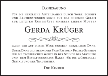 Traueranzeige von Gerda Krüger von Ostsee-Zeitung