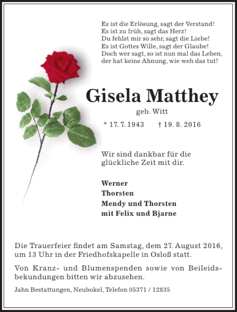  Traueranzeige für Gisela Matthey vom 23.08.2016 aus Aller Zeitung / Wolfsburger Allgemeine