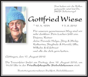 Traueranzeige von Gottfried Wiese von Göttinger Tageblatt