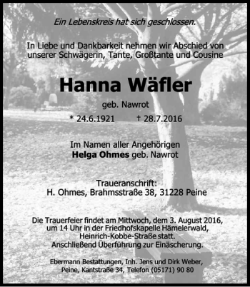 Traueranzeige von Hanna Wäfler von Peiner Allgemeine Zeitung