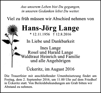Traueranzeige von Hans-Jörg Lange von Ostsee-Zeitung