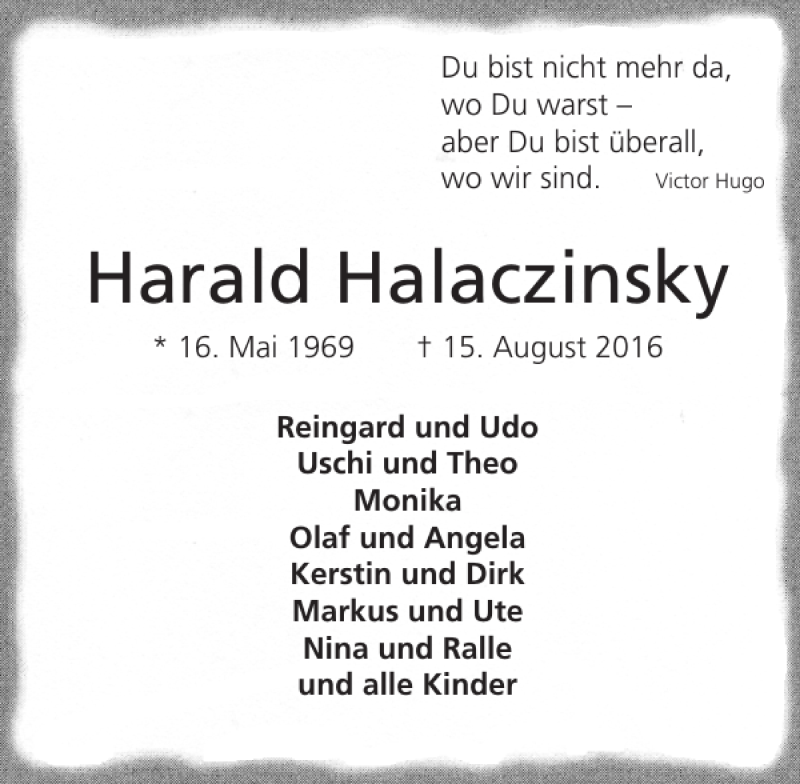  Traueranzeige für Harald Halaczinsky vom 17.08.2016 aus Lübecker Nachrichten
