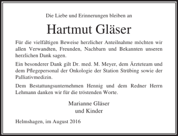 Traueranzeige von Hartmut Gläser von Ostsee-Zeitung