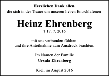 Traueranzeige von Heinz Ehrenberg von Kieler Nachrichten / Segeberger Zeitung