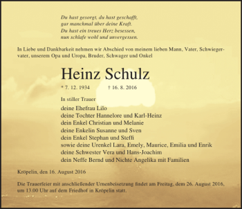 Traueranzeige von Heinz Schulz von Ostsee-Zeitung