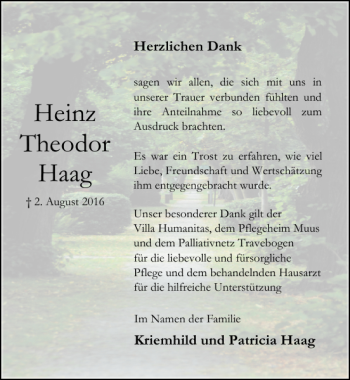 Traueranzeige von Heinz Theodor Haag von Lübecker Nachrichten
