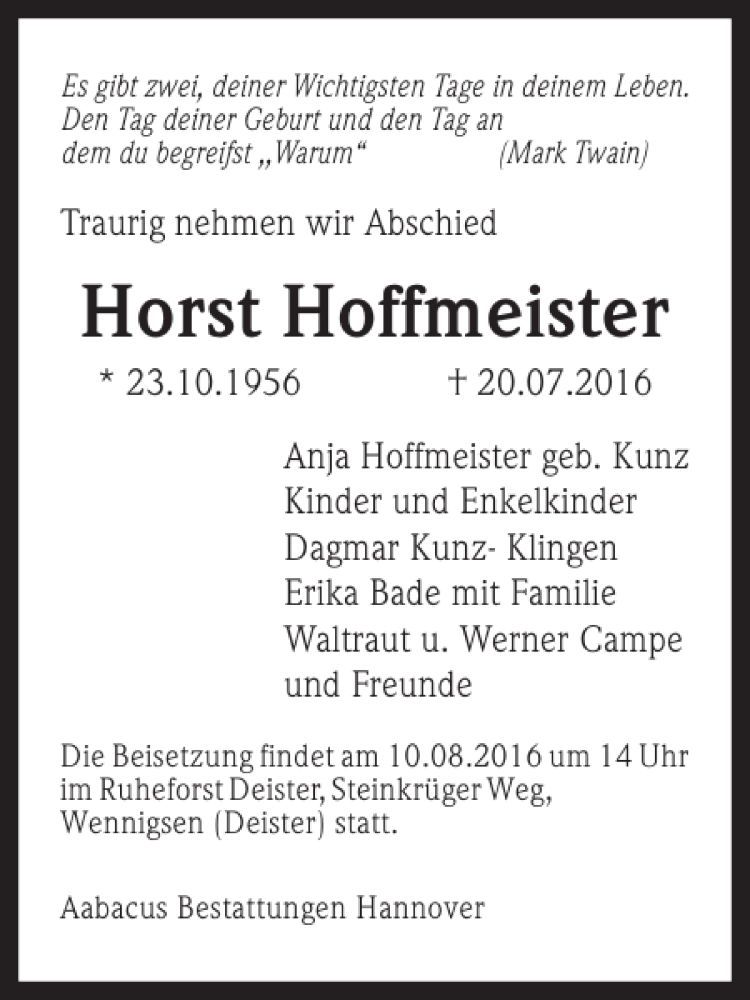  Traueranzeige für Horst Hoffmeister vom 06.08.2016 aus HAZ/NP