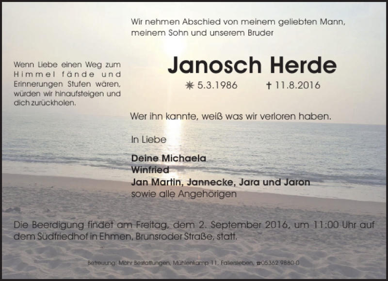  Traueranzeige für Janosch Herde vom 27.08.2016 aus Aller Zeitung / Wolfsburger Allgemeine