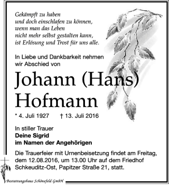 Traueranzeige von Johann Hans Hofmann von Leipziger Volkszeitung