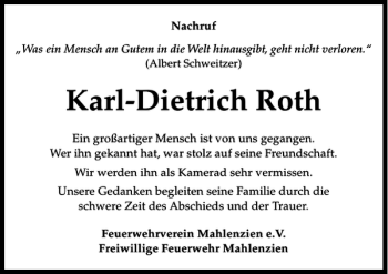 Traueranzeige von Karl-Dietrich Roth von MAZ-Trauer.de