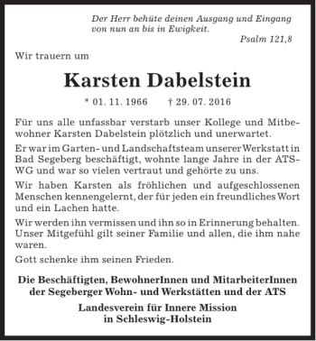 Traueranzeige von Karsten Dabelstein von Kieler Nachrichten / Segeberger Zeitung
