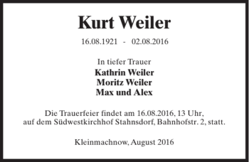 Traueranzeige von Kurt Weiler von MAZ-Trauer.de