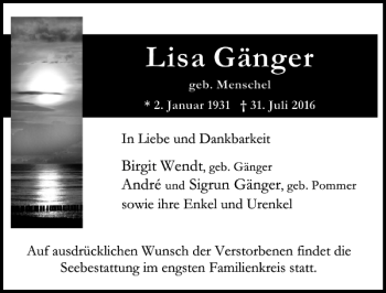 Traueranzeige von Lisa Gänger von Lübecker Nachrichten