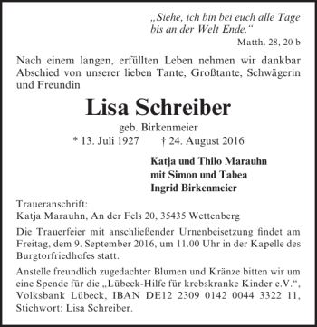 Traueranzeige von Lisa Schreiber von Lübecker Nachrichten