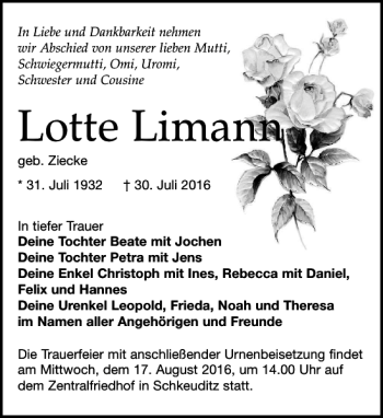 Traueranzeige von Lotte Limann von Leipziger Volkszeitung