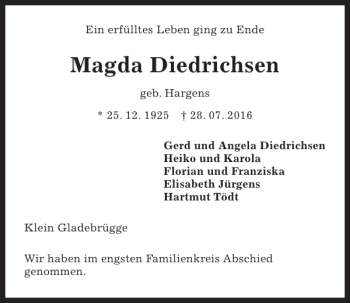Traueranzeige von Magda Diedrichsen von Kieler Nachrichten / Segeberger Zeitung