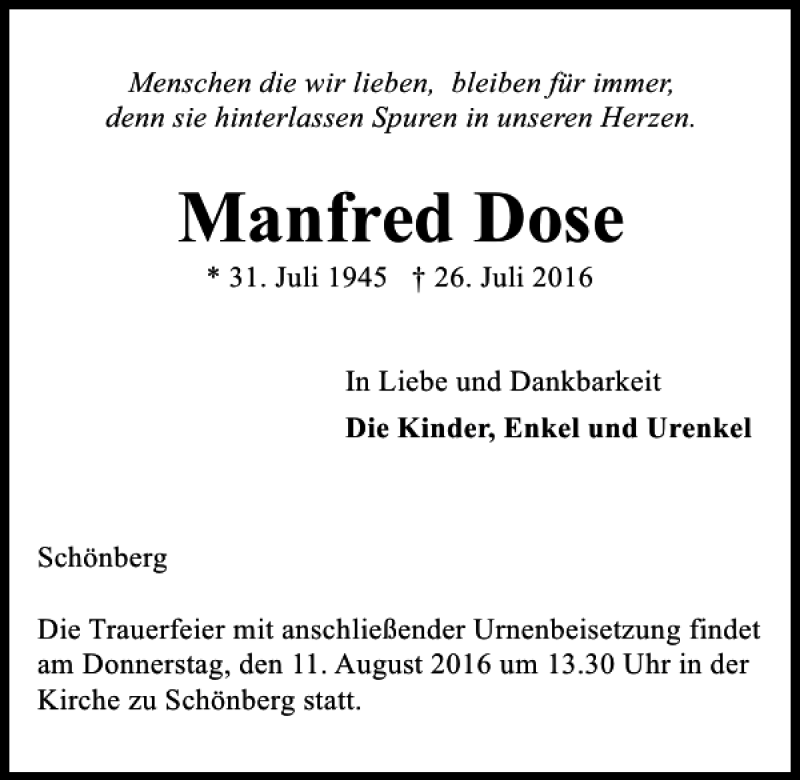  Traueranzeige für Manfred Dose vom 10.08.2016 aus Kieler Nachrichten / Segeberger Zeitung