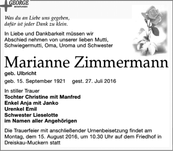 Traueranzeige von Marianne Zimmermann von Leipziger Volkszeitung