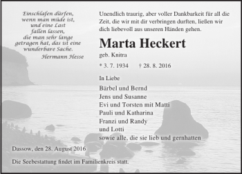 Traueranzeige von Marta Heckert von Ostsee-Zeitung