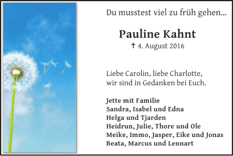  Traueranzeige für Pauline Kahnt vom 13.08.2016 aus Göttinger Tageblatt