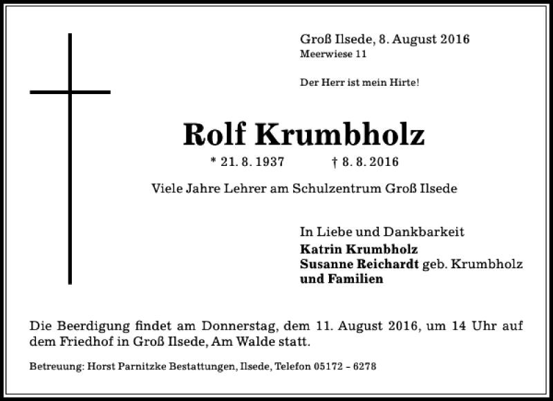  Traueranzeige für Rolf Krumbholz vom 10.08.2016 aus Peiner Allgemeine Zeitung