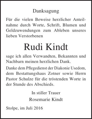Traueranzeige von Rudi Kindt von Ostsee-Zeitung