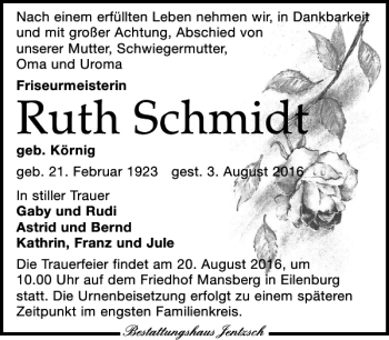 Traueranzeige von Ruth Schmidt von Leipziger Volkszeitung