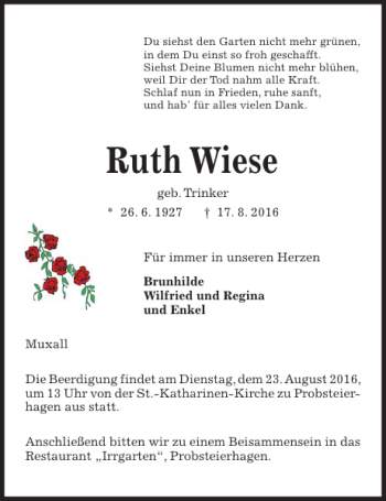 Traueranzeige von Ruth Wiese von Kieler Nachrichten / Segeberger Zeitung