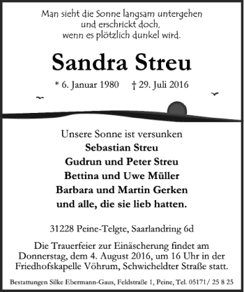 Traueranzeige von Sandra Streu von Peiner Allgemeine Zeitung