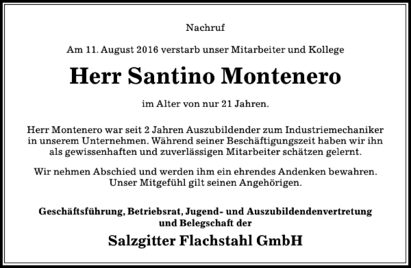  Traueranzeige für Santino Montenero vom 22.08.2016 aus Peiner Allgemeine Zeitung