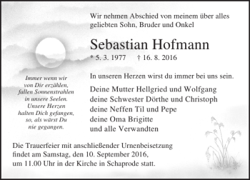 Traueranzeige von Sebastian Hofmann von Ostsee-Zeitung