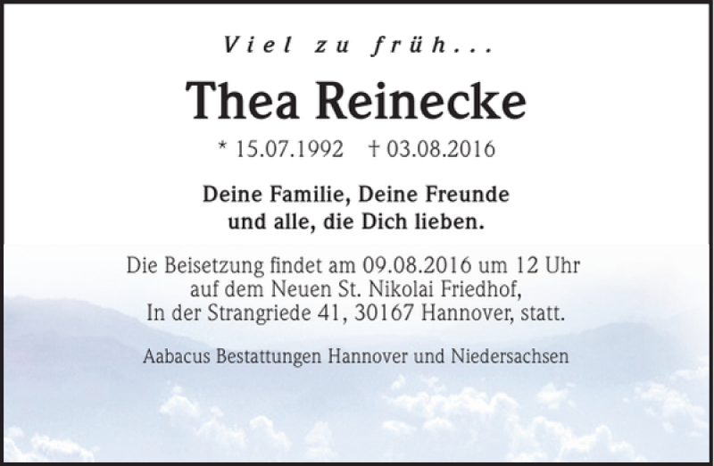  Traueranzeige für Thea Reinecke vom 06.08.2016 aus HAZ/NP