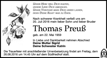 Traueranzeige von Thomas Preuß von Leipziger Volkszeitung