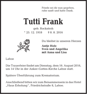 Traueranzeige von Tutti Frank von Kieler Nachrichten / Segeberger Zeitung