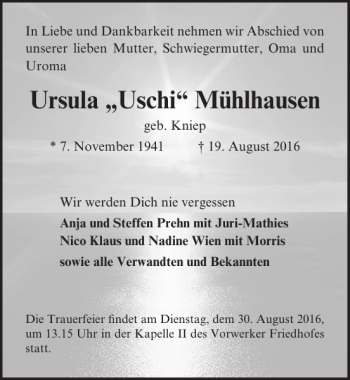 Traueranzeige von Ursula Uschi Mühlhausen von Lübecker Nachrichten