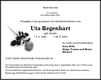 Traueranzeige von Uta Tr Regenhart von Peiner Allgemeine Zeitung